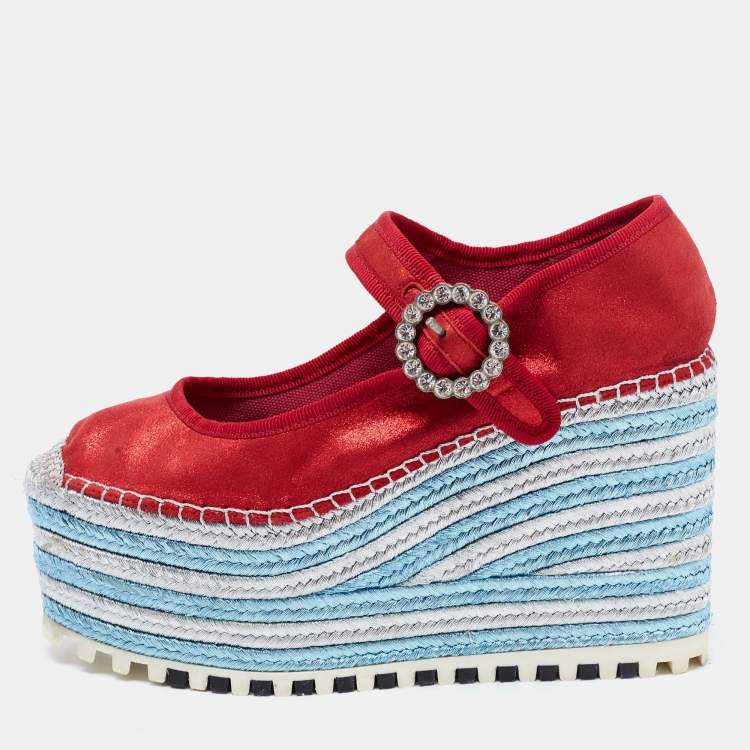 Pre Owned Marc Jacobs Metallic Red Leather Suzi Crystal Embellished Brooch Mary Jane Espadrille Platforms Size 37