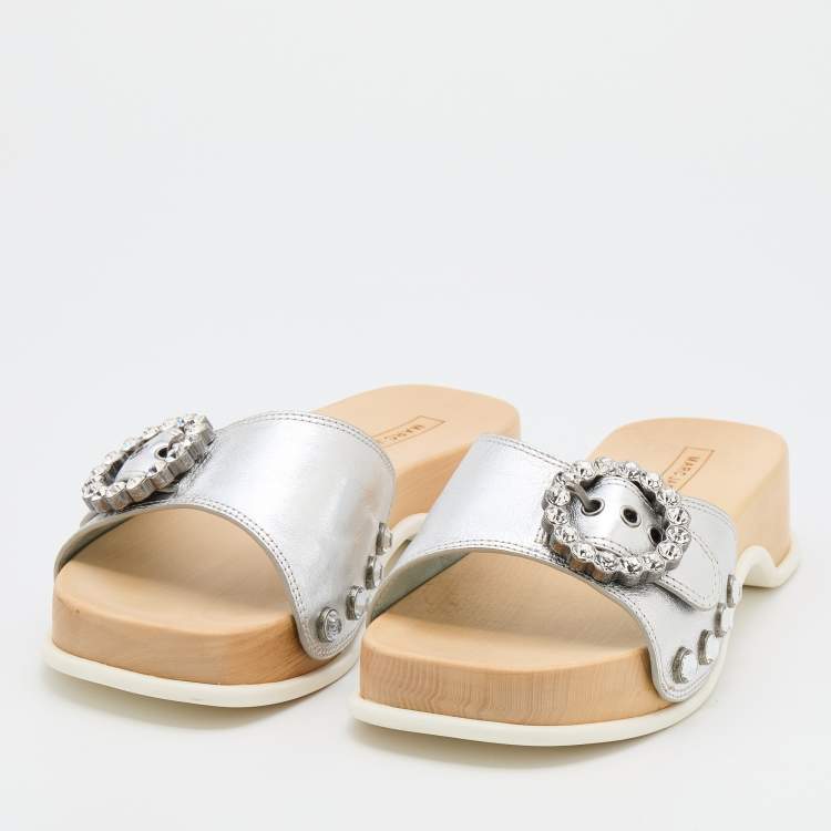 Pre Owned Marc Jacobs Silver Leather Anita Clog Slides Size 39