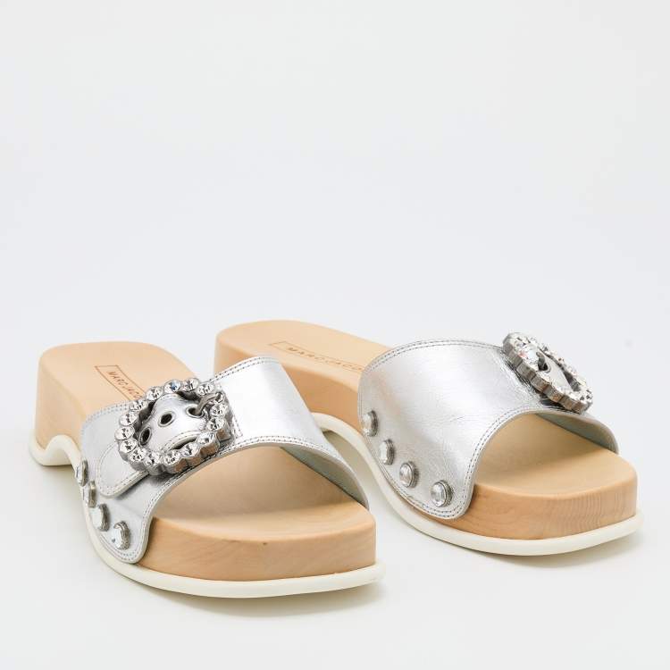 Pre Owned Marc Jacobs Silver Leather Anita Clog Slides Size 39
