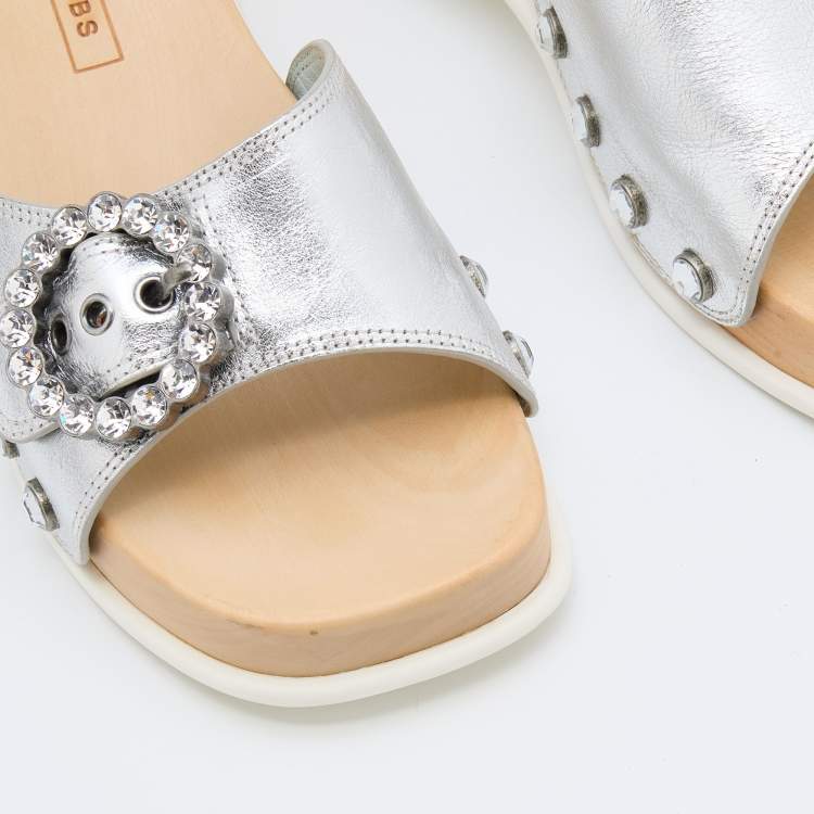 Pre Owned Marc Jacobs Silver Leather Anita Clog Slides Size 39