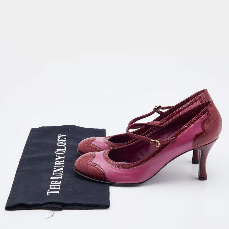 Pre Owned Marc Jacobs Pink/Red Croc Embossed and Leather Mary Jane Pumps Size 38
