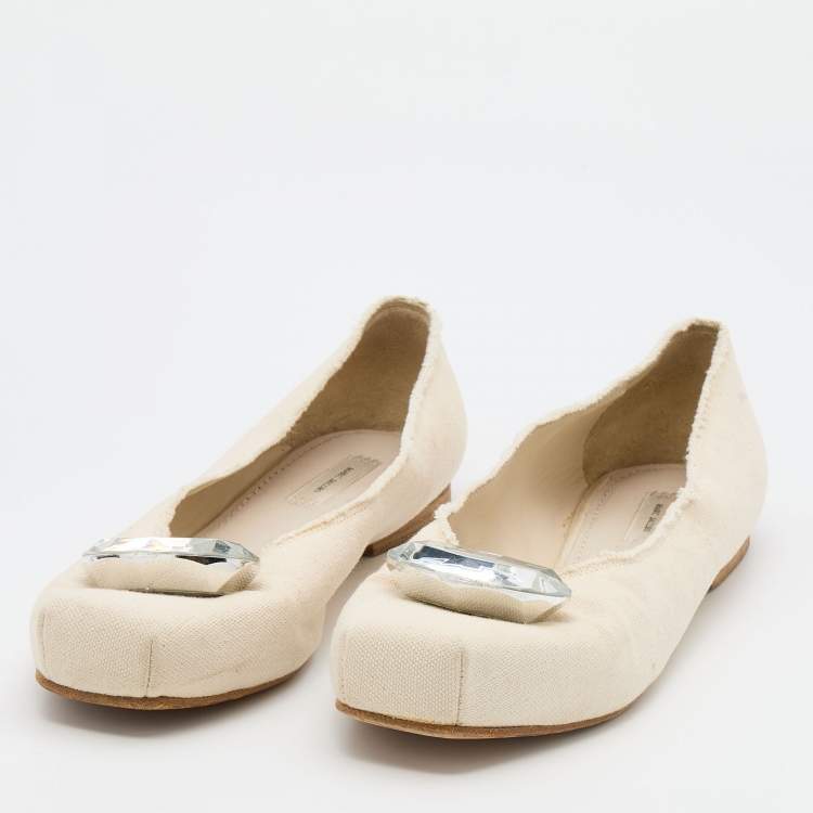 Pre Owned Marc Jacobs Off White Canvas Crystal Embellished Square Toe Ballet Flats Size 39