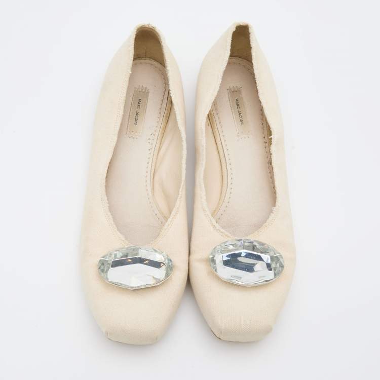 Pre Owned Marc Jacobs Off White Canvas Crystal Embellished Square Toe Ballet Flats Size 39
