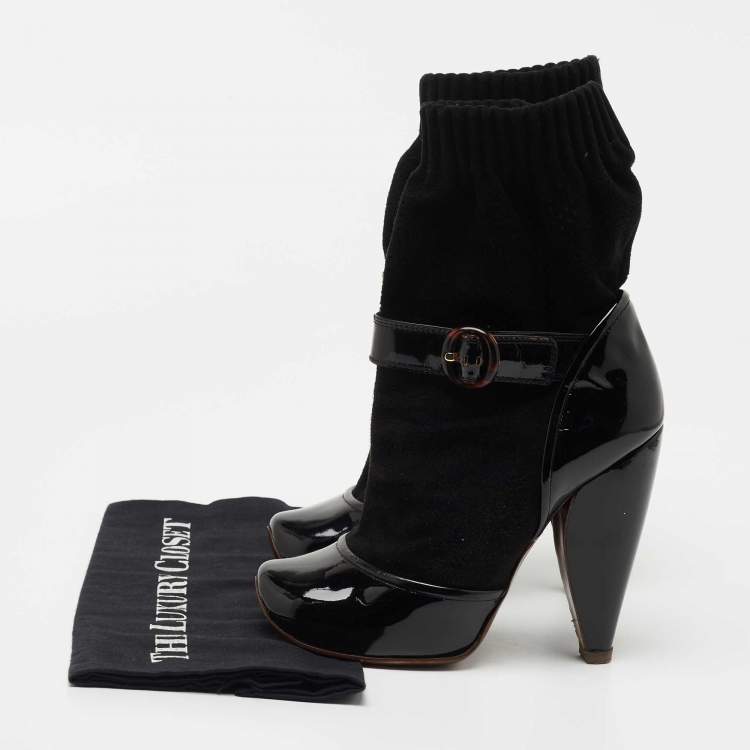 Pre Owned Marc Jacobs Black Fabric and Patent Sock Ankle Boots Size 37