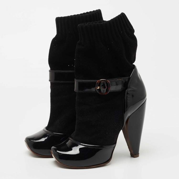 Pre Owned Marc Jacobs Black Fabric and Patent Sock Ankle Boots Size 37