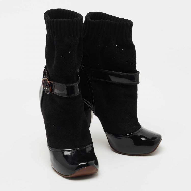Pre Owned Marc Jacobs Black Fabric and Patent Sock Ankle Boots Size 37