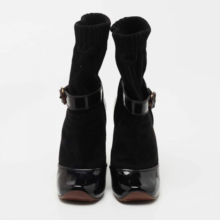 Pre Owned Marc Jacobs Black Fabric and Patent Sock Ankle Boots Size 37