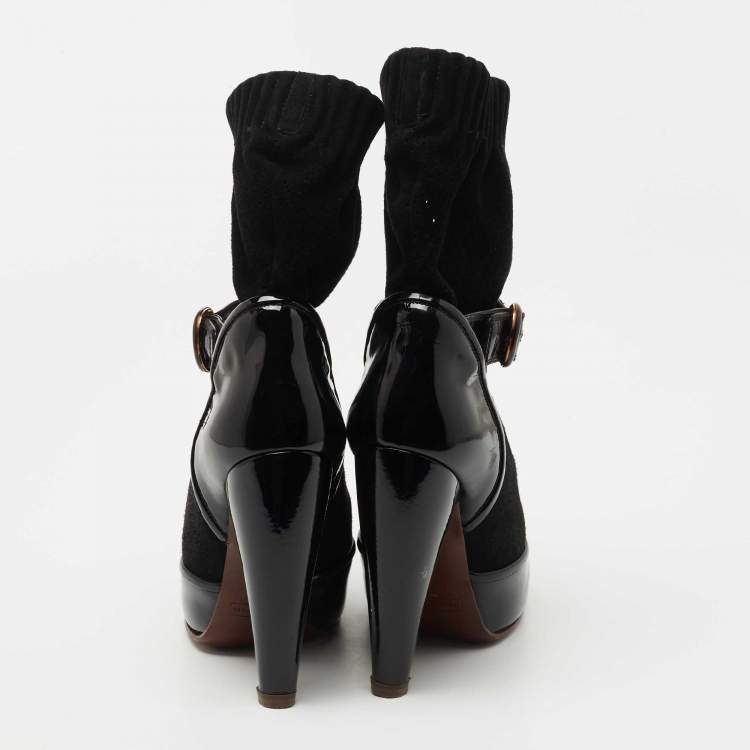Pre Owned Marc Jacobs Black Fabric and Patent Sock Ankle Boots Size 37