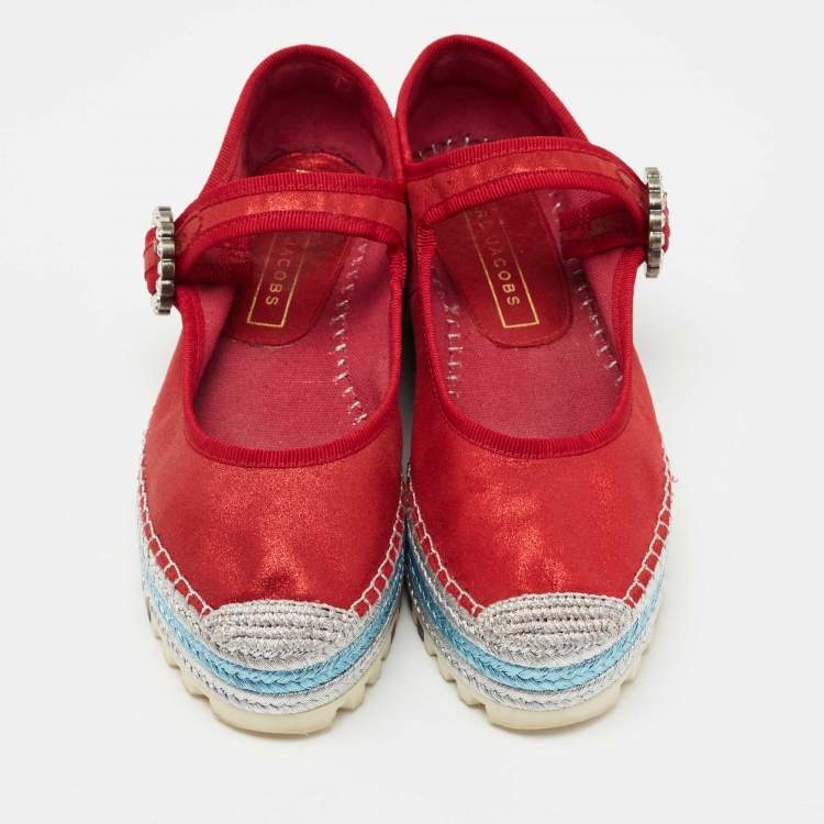 Pre Owned Marc Jacobs Metallic Red Nubuck Leather Crystal Embellished Suzi Mary Jane Espadrille Flats Size 36 