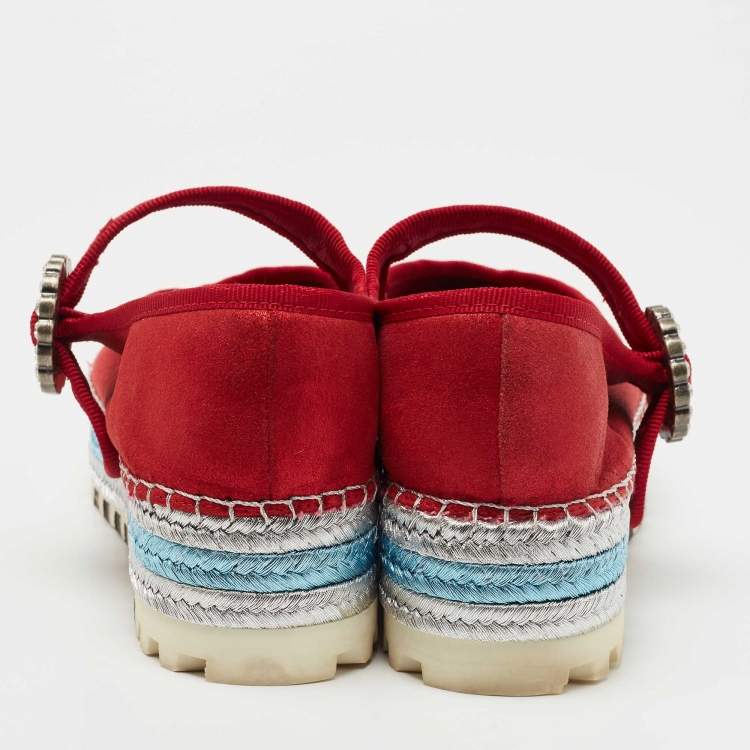 Pre Owned Marc Jacobs Metallic Red Nubuck Leather Crystal Embellished Suzi Mary Jane Espadrille Flats Size 36 