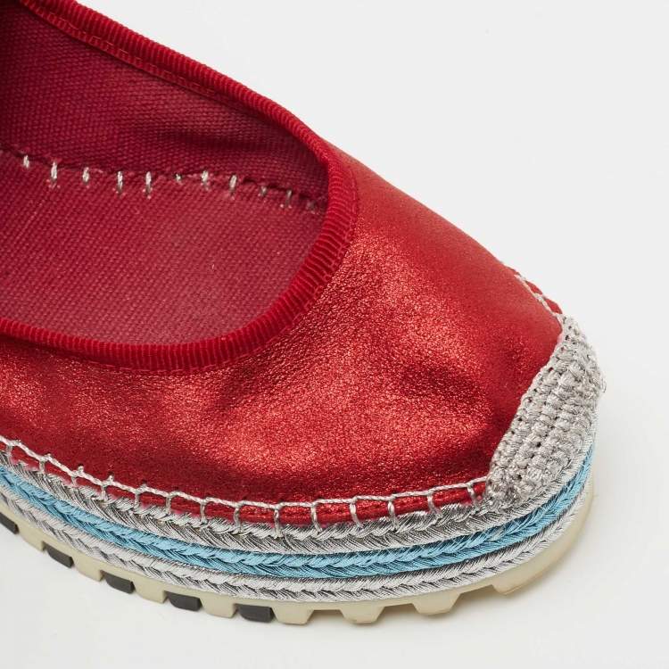 Pre Owned Marc Jacobs Metallic Red Nubuck Leather Crystal Embellished Suzi Mary Jane Espadrille Flats Size 36 