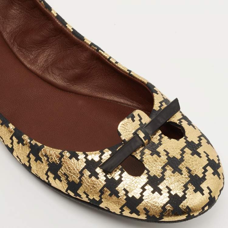 Pre Owned Marc Jacobs Gold/Black Leather Houndstooth Bow Ballet Flats Size 37