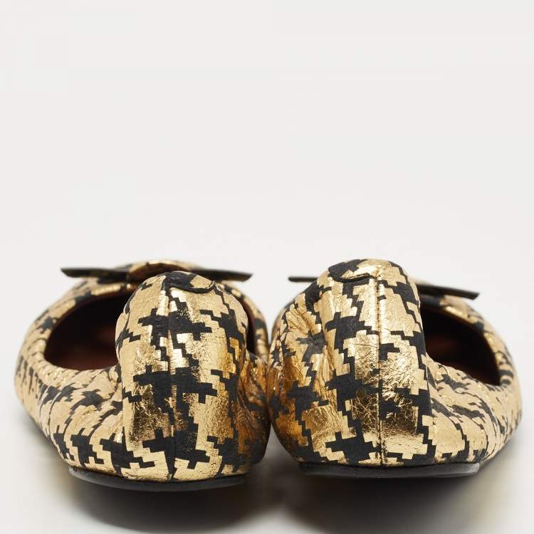 Pre Owned Marc Jacobs Gold/Black Leather Houndstooth Bow Ballet Flats Size 37