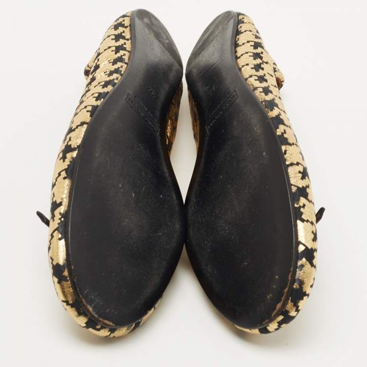 Pre Owned Marc Jacobs Gold/Black Leather Houndstooth Bow Ballet Flats Size 37