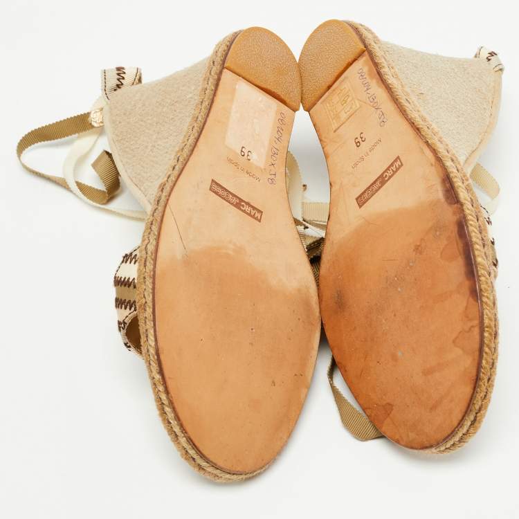 Pre Owned Marc Jacobs Beige Canvas Ankle Tie Wedge Sandals Size 39