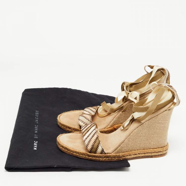 Pre Owned Marc Jacobs Beige Canvas Ankle Tie Wedge Sandals Size 39