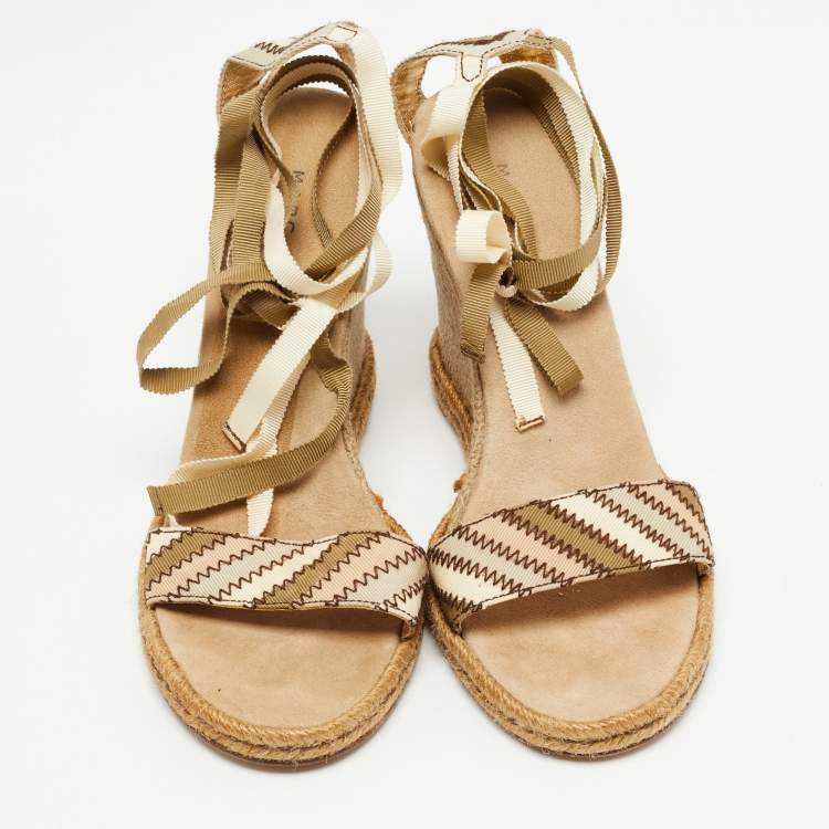 Pre Owned Marc Jacobs Beige Canvas Ankle Tie Wedge Sandals Size 39