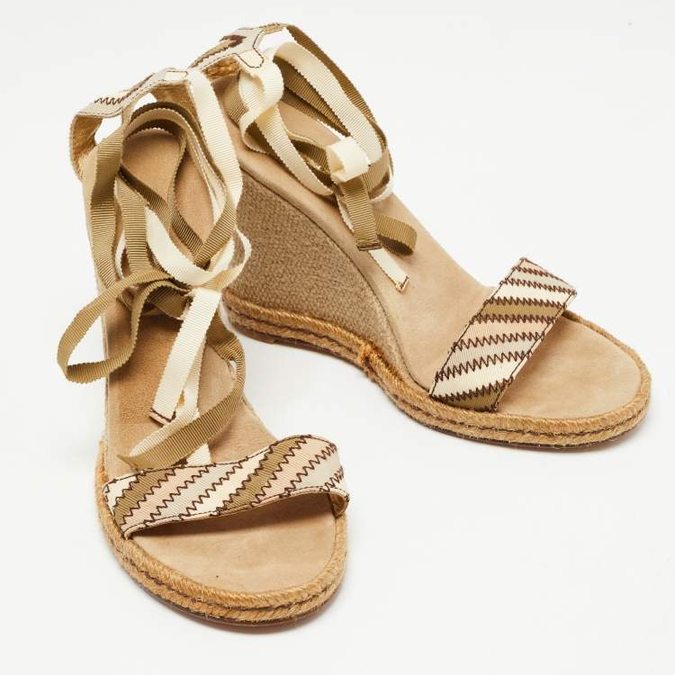 Pre Owned Marc Jacobs Beige Canvas Ankle Tie Wedge Sandals Size 39