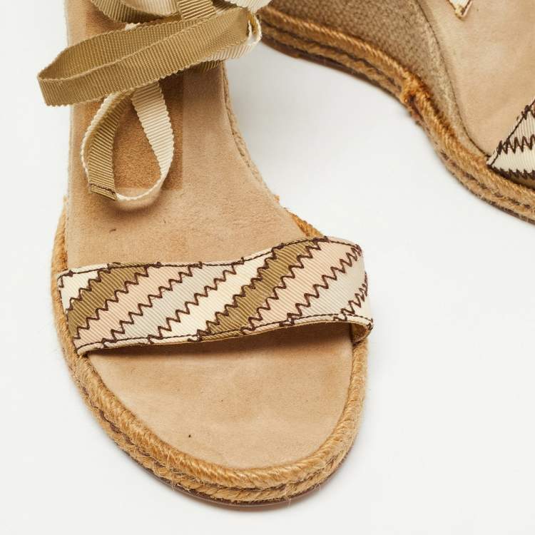 Pre Owned Marc Jacobs Beige Canvas Ankle Tie Wedge Sandals Size 39