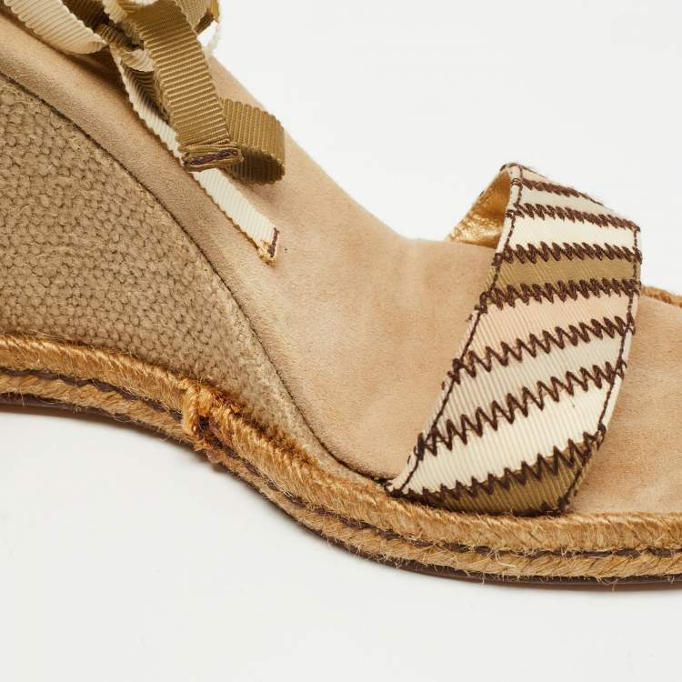 Pre Owned Marc Jacobs Beige Canvas Ankle Tie Wedge Sandals Size 39