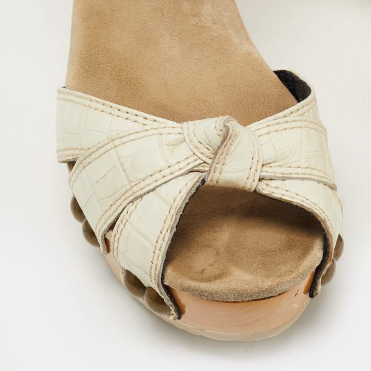 Pre Owned Marc Jacobs Cream Croc Embossed Leather Ankle Strap Clog Sandals Size 39