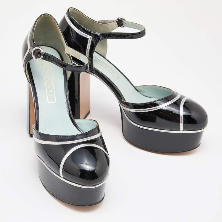 Pre Owned Marc Jacobs Black/Silver Patent Leather Edie Platform Pumps Size 39