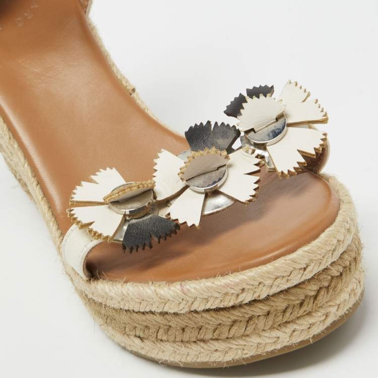 Pre Owned Marc Jacobs Cream Leather Espadrille Wedge Ankle Strap Sandals Size 38.5