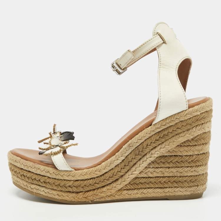 Pre Owned Marc Jacobs Cream Leather Espadrille Wedge Ankle Strap Sandals Size 38.5