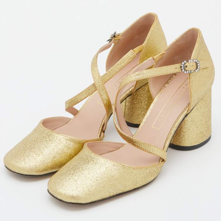 Pre Owned Marc Jacobs Gold Glitter Block Heel Ankle Strap Sandals Size 38
