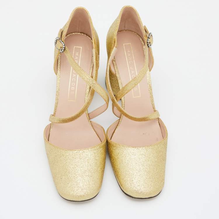 Pre Owned Marc Jacobs Gold Glitter Block Heel Ankle Strap Sandals Size 38