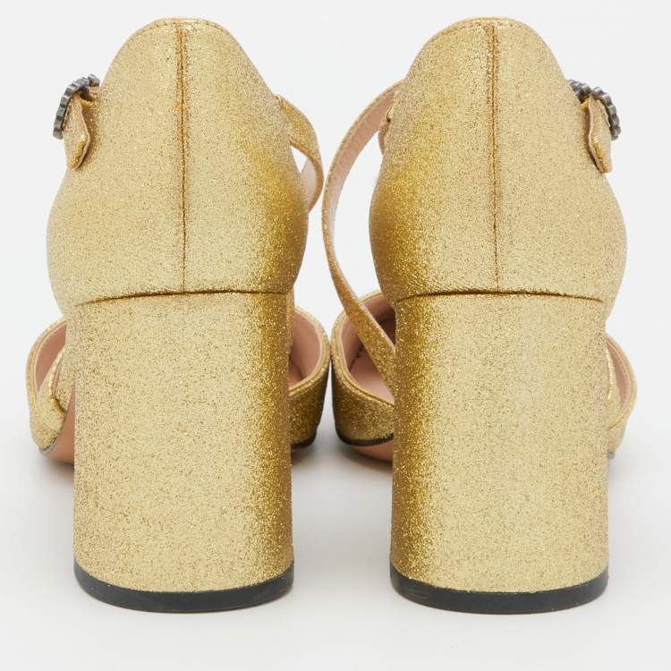 Pre Owned Marc Jacobs Gold Glitter Block Heel Ankle Strap Sandals Size 38