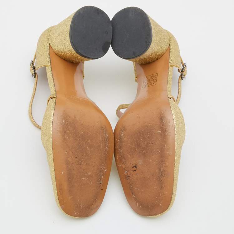 Pre Owned Marc Jacobs Gold Glitter Block Heel Ankle Strap Sandals Size 38