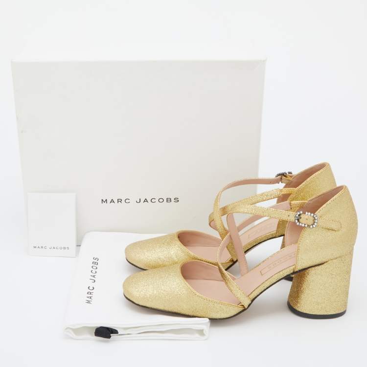 Pre Owned Marc Jacobs Gold Glitter Block Heel Ankle Strap Sandals Size 38