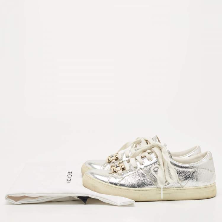 Pre Owned Marc Jacobs Silver Leather Empire Chain Low Top Sneakers Size 40