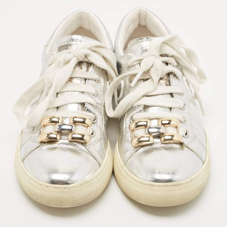Pre Owned Marc Jacobs Silver Leather Empire Chain Low Top Sneakers Size 40