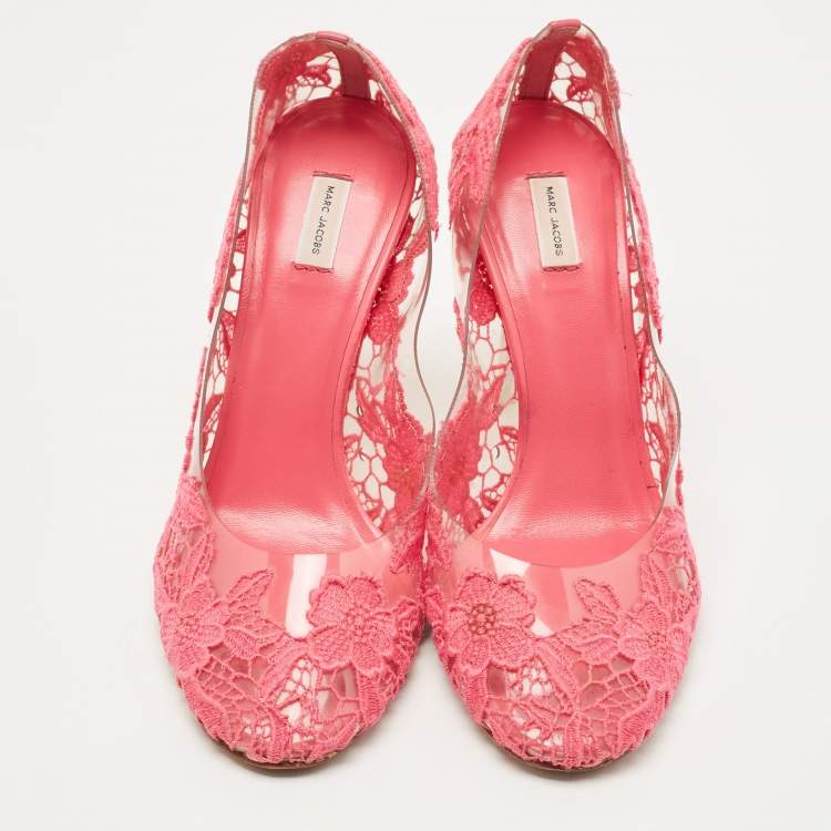Pre Owned Marc Jacobs Pink Lace Embroidered PVC Round Toe Pumps Size 38