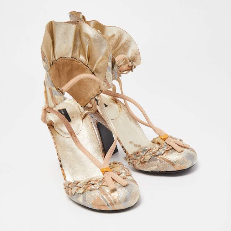 Pre Owned Marc Jacobs Metallic Lurex Fabric Ruffle Ankle Strap Pumps Size 37