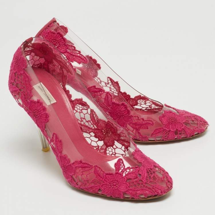 Pre Owned Marc Jacobs Pink Lace Embroidered PVC Round Toe Pumps Size 38.5