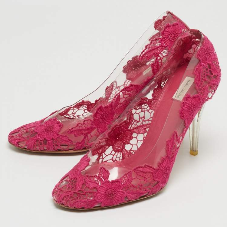 Pre Owned Marc Jacobs Pink Lace Embroidered PVC Round Toe Pumps Size 38.5