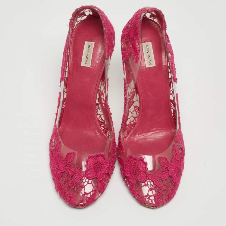 Pre Owned Marc Jacobs Pink Lace Embroidered PVC Round Toe Pumps Size 38.5
