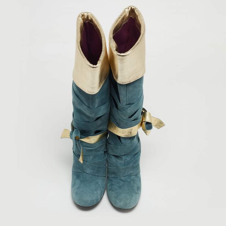 Pre Owned Marc Jacobs Blue/Gold Suede and Leather Mild Calf Boots Size 37.5