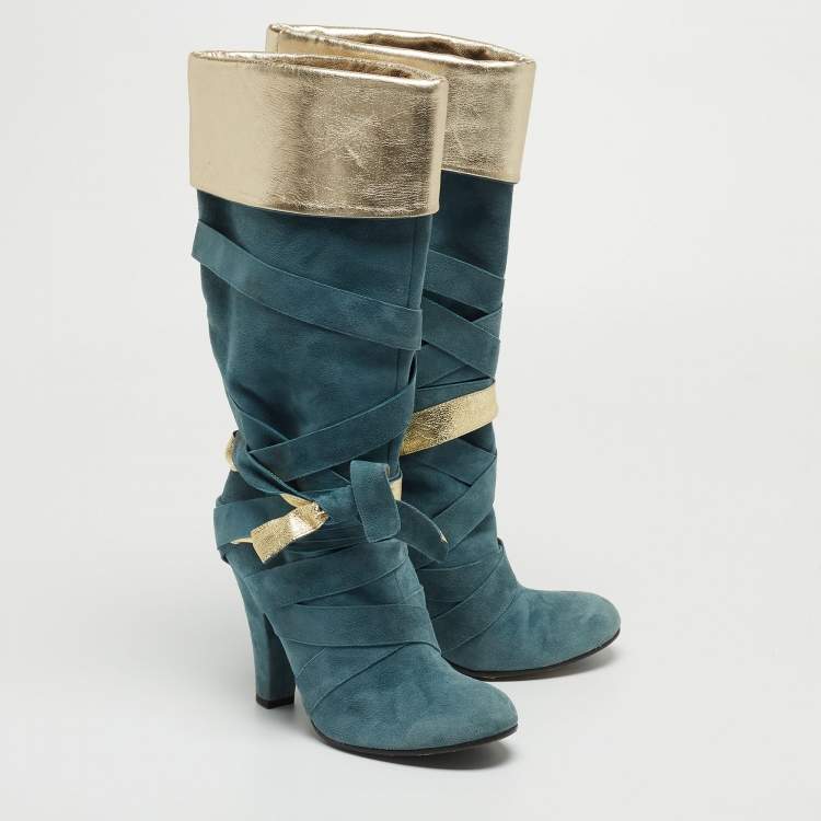 Pre Owned Marc Jacobs Blue/Gold Suede and Leather Mild Calf Boots Size 37.5