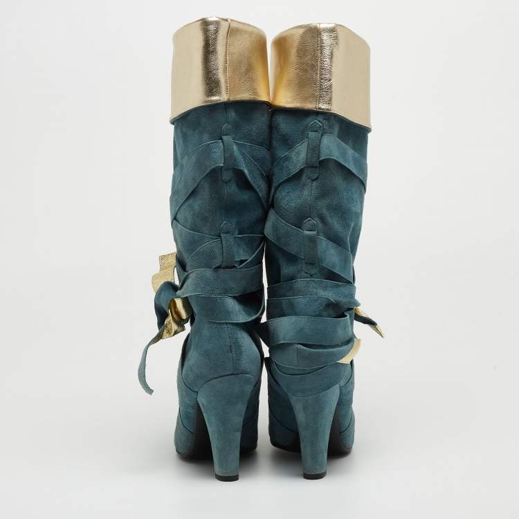 Pre Owned Marc Jacobs Blue/Gold Suede and Leather Mild Calf Boots Size 37.5