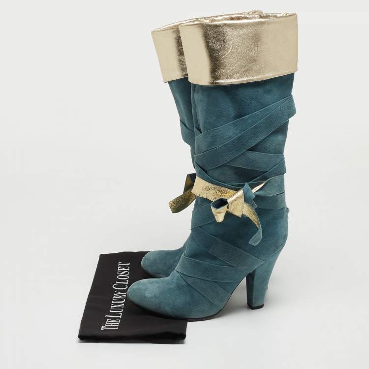 Pre Owned Marc Jacobs Blue/Gold Suede and Leather Mild Calf Boots Size 37.5