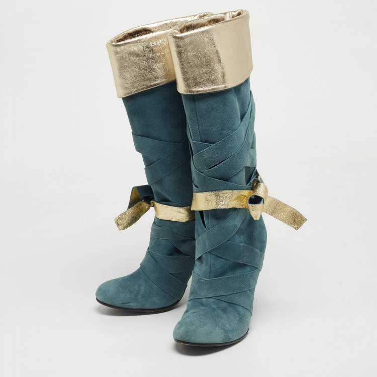 Pre Owned Marc Jacobs Blue/Gold Suede and Leather Mild Calf Boots Size 37.5