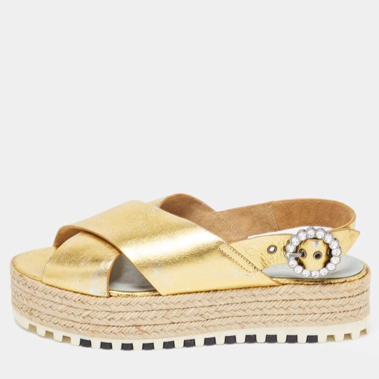 Pre Owned Marc Jacobs Metallic Gold Leather Slingback  Espadrille Sandals Size 36.5