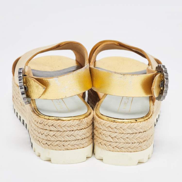 Pre Owned Marc Jacobs Metallic Gold Leather Slingback  Espadrille Sandals Size 36.5