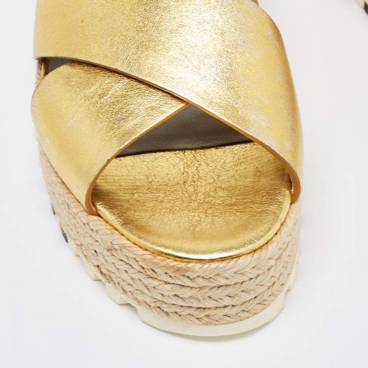 Pre Owned Marc Jacobs Metallic Gold Leather Slingback  Espadrille Sandals Size 36.5