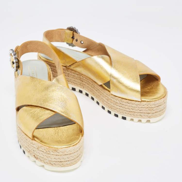 Pre Owned Marc Jacobs Metallic Gold Leather Slingback  Espadrille Sandals Size 36.5
