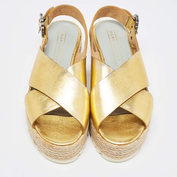 Pre Owned Marc Jacobs Metallic Gold Leather Slingback  Espadrille Sandals Size 36.5